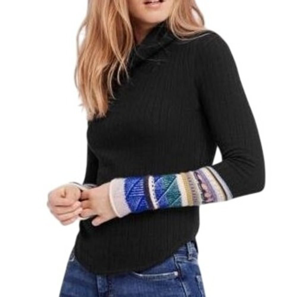 Free People Black Ribbed Turtleneck Sweater Striped‎ Cuff Bell Sleeve Size Small